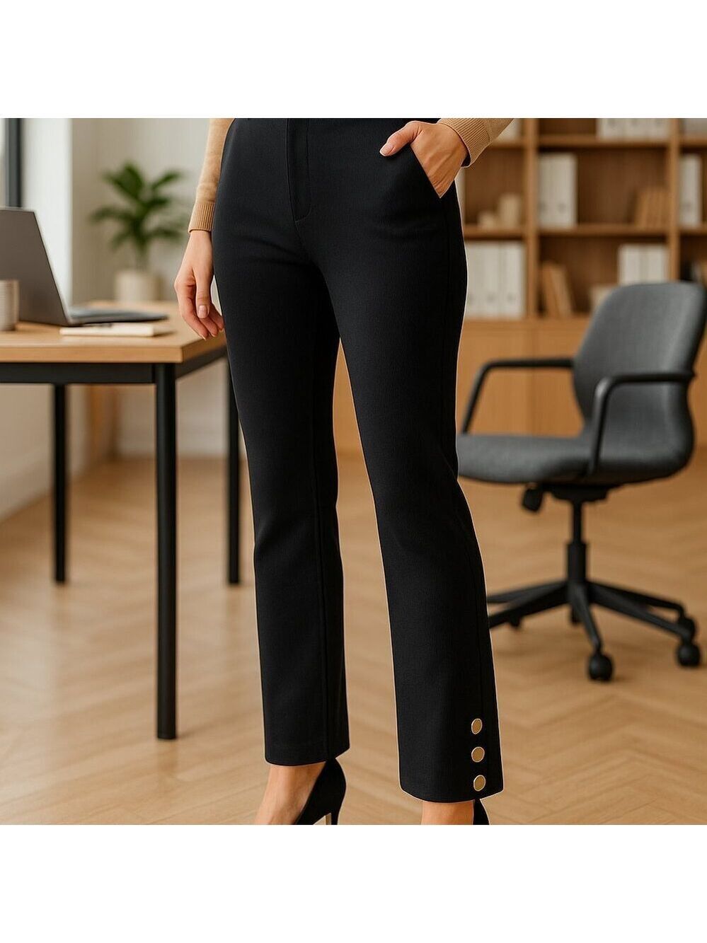 Ann Taylor Ribbed Ponte Knit Pants Black Side Zip Button Cuff Detail Size 4 - Picture 3 of 13